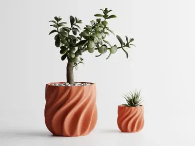 Vaso Onda in terracotta con piante, design moderno e forme fluide, decorazione per interni elegante.